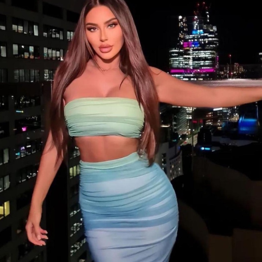 Blue and Green Strapless Two-Piece Set